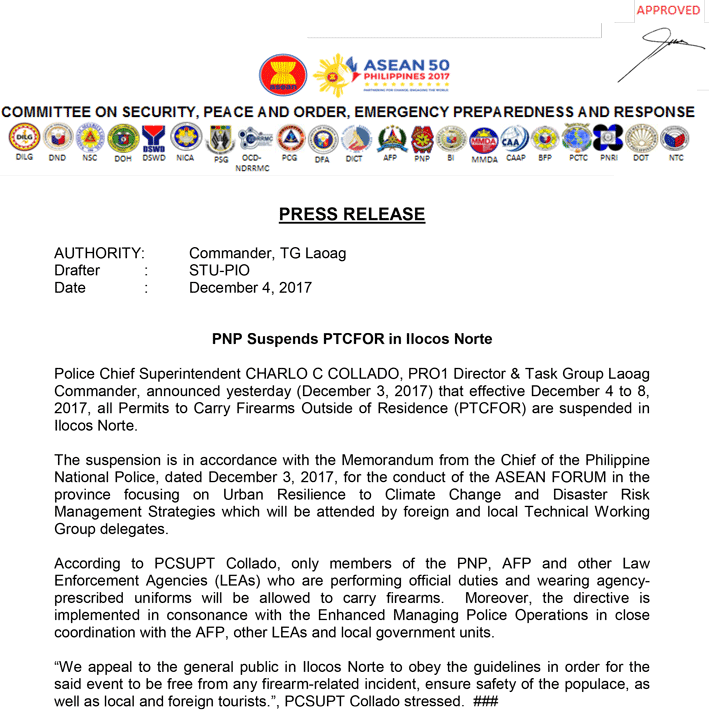 Press Release re Suspension of PTCFOR in Ilocos Norte